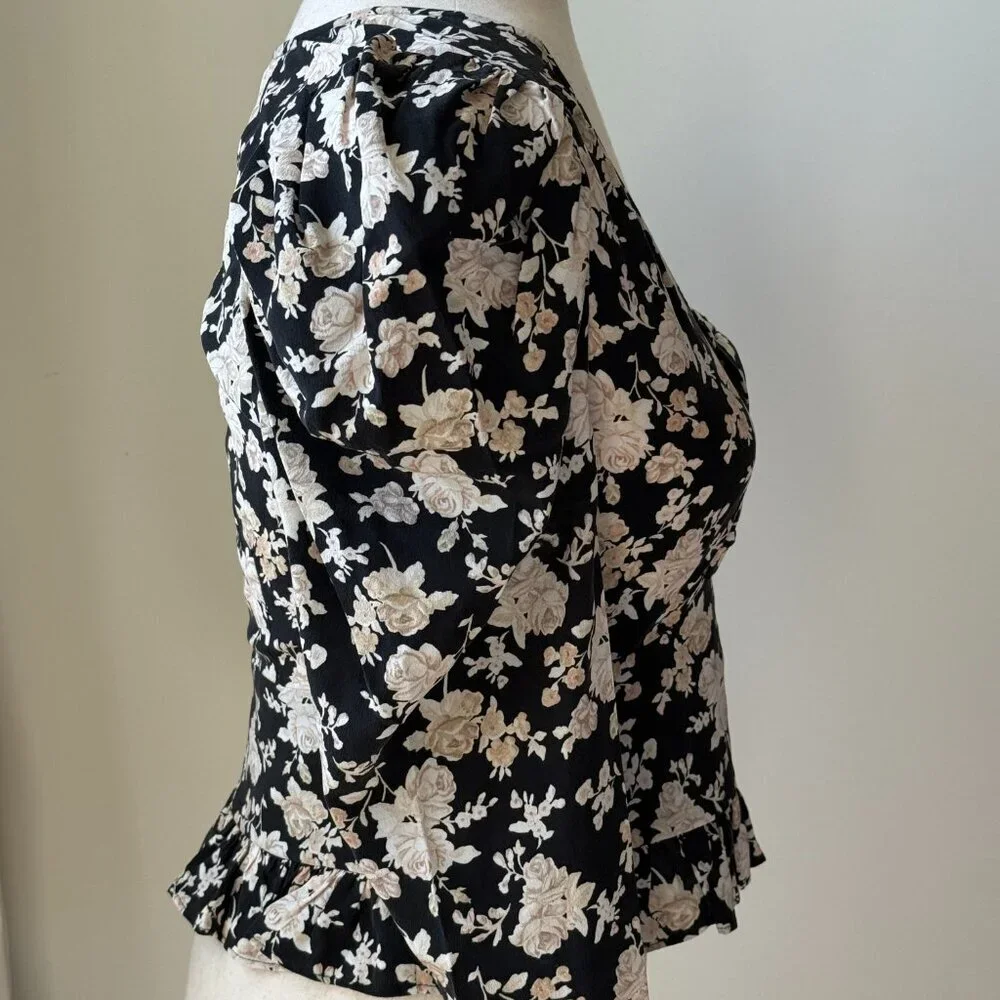 LOVESHACKFANCY Puff Sleeve Plunging V Neck Dark Floral Blouse w/ bow size 2 silk